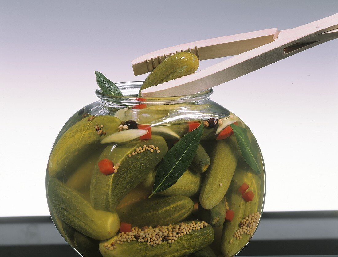 Eingelegte Essiggurken mit Paprikawürfeln im Glas