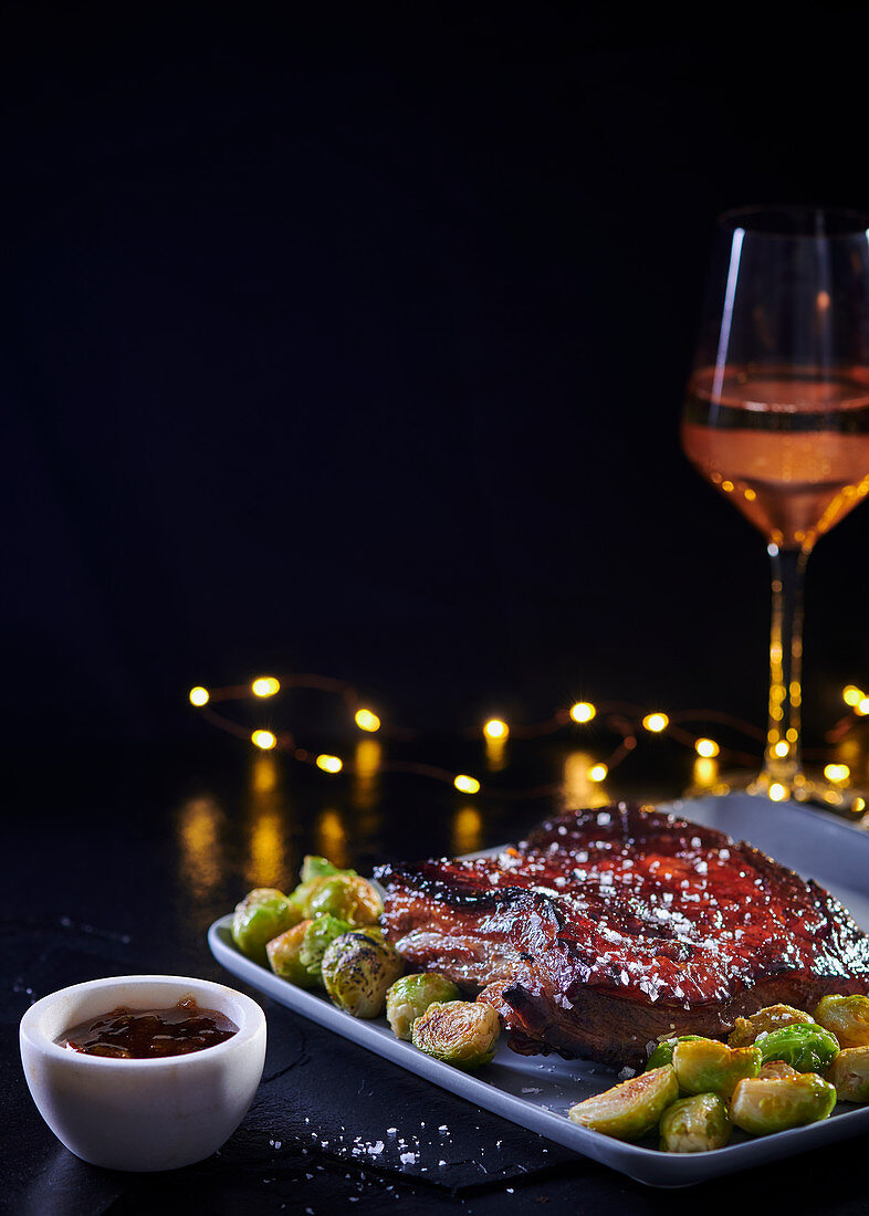 Glazed pork belly with buttered brussels sprouts