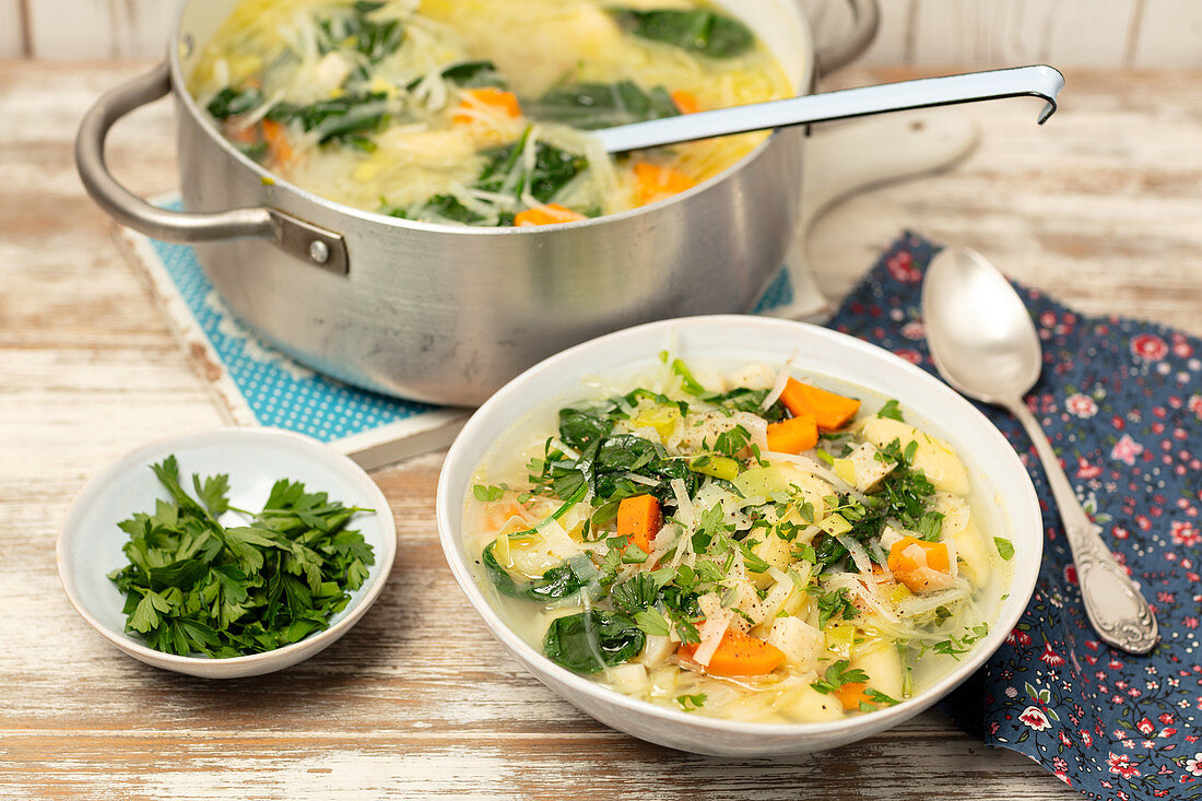 Minestrone with gnocchi and spinach