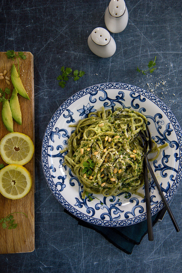 Taglierini with avocado cream and pine nuts