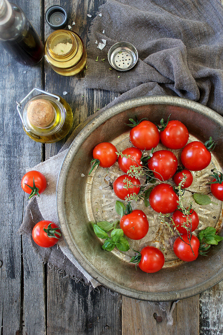 Cherry tomatoes in a metal bowl