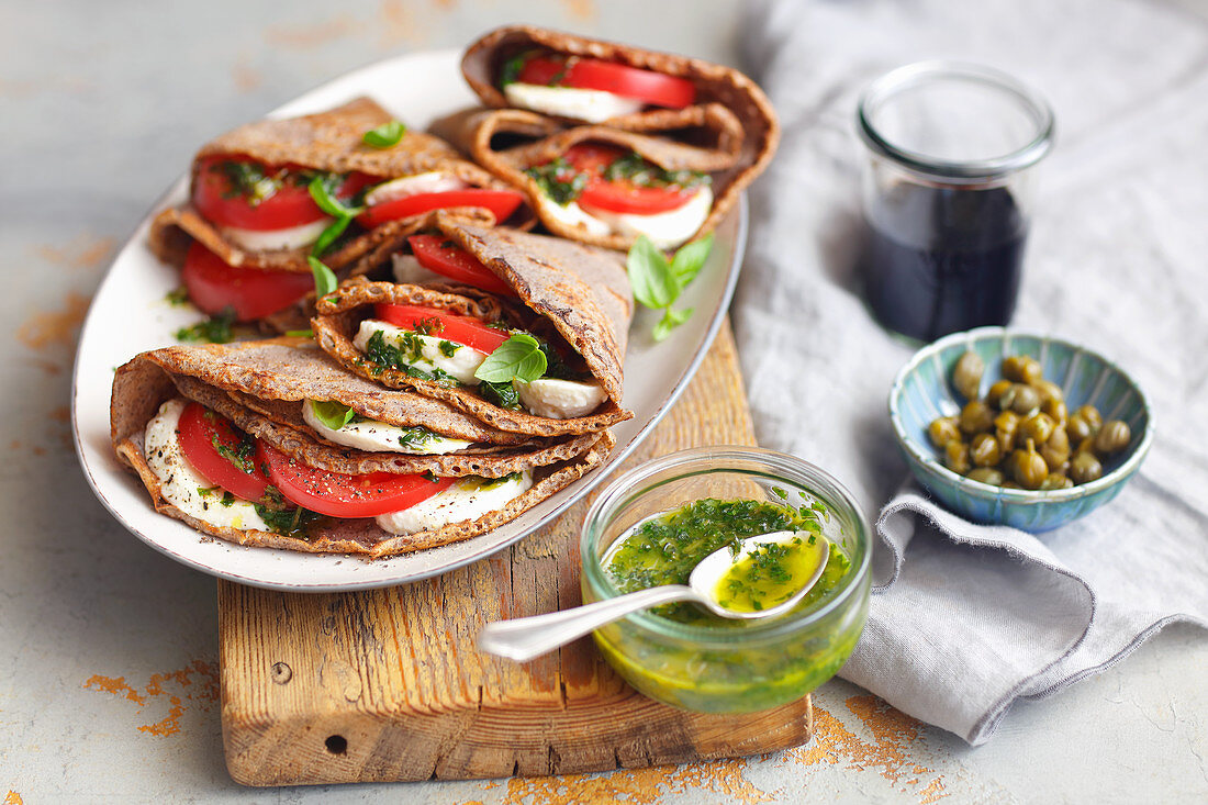 Buckwheat pancakes with caprese salad