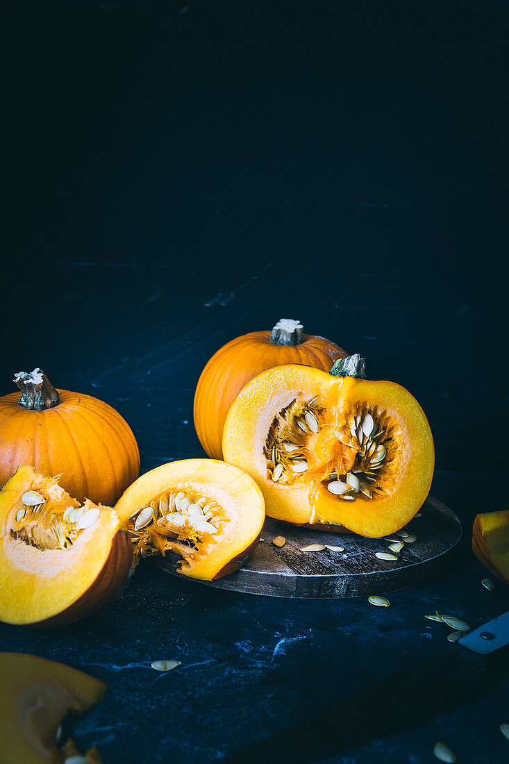 Still life of Pumpkins, sliced and whole