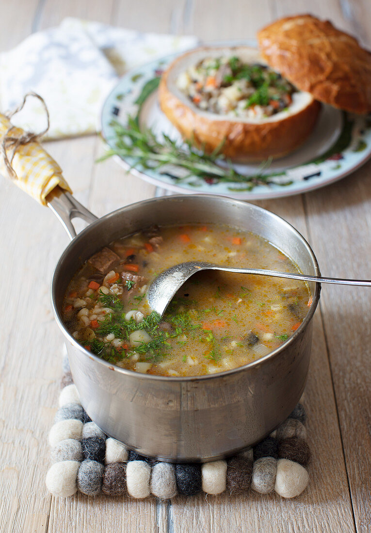 Beef and barley soup with mushrooms