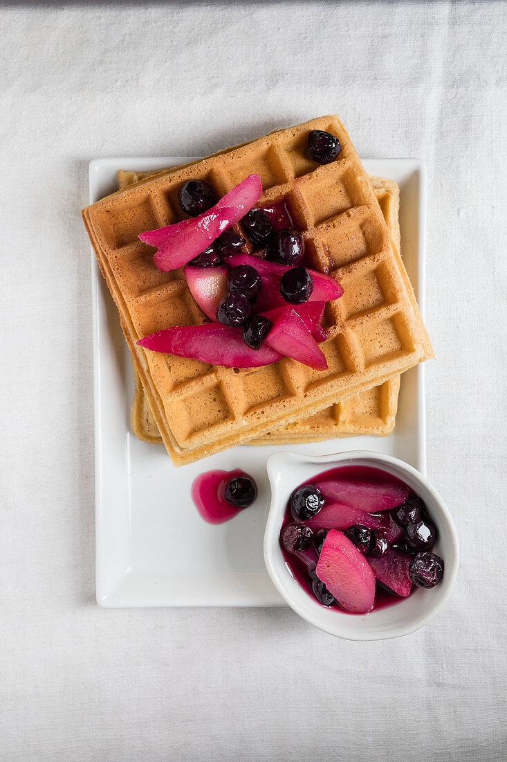 Irish cream liqueur waffles with blueberry and pear compote