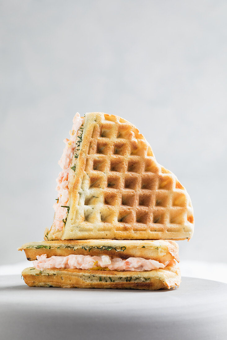 Dill and salmon waffle sandwiches