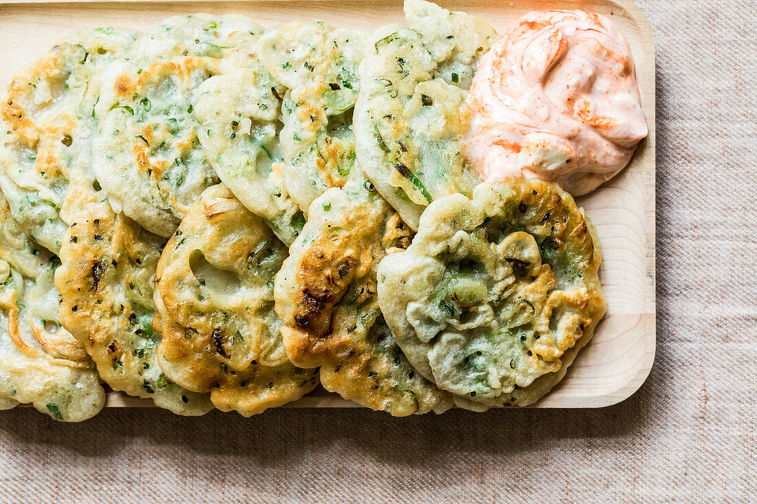 Chinese pancakes with a chilli and cream dip