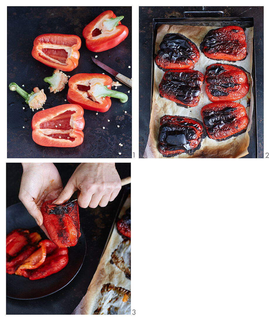 Red peppers being roasted and skinned