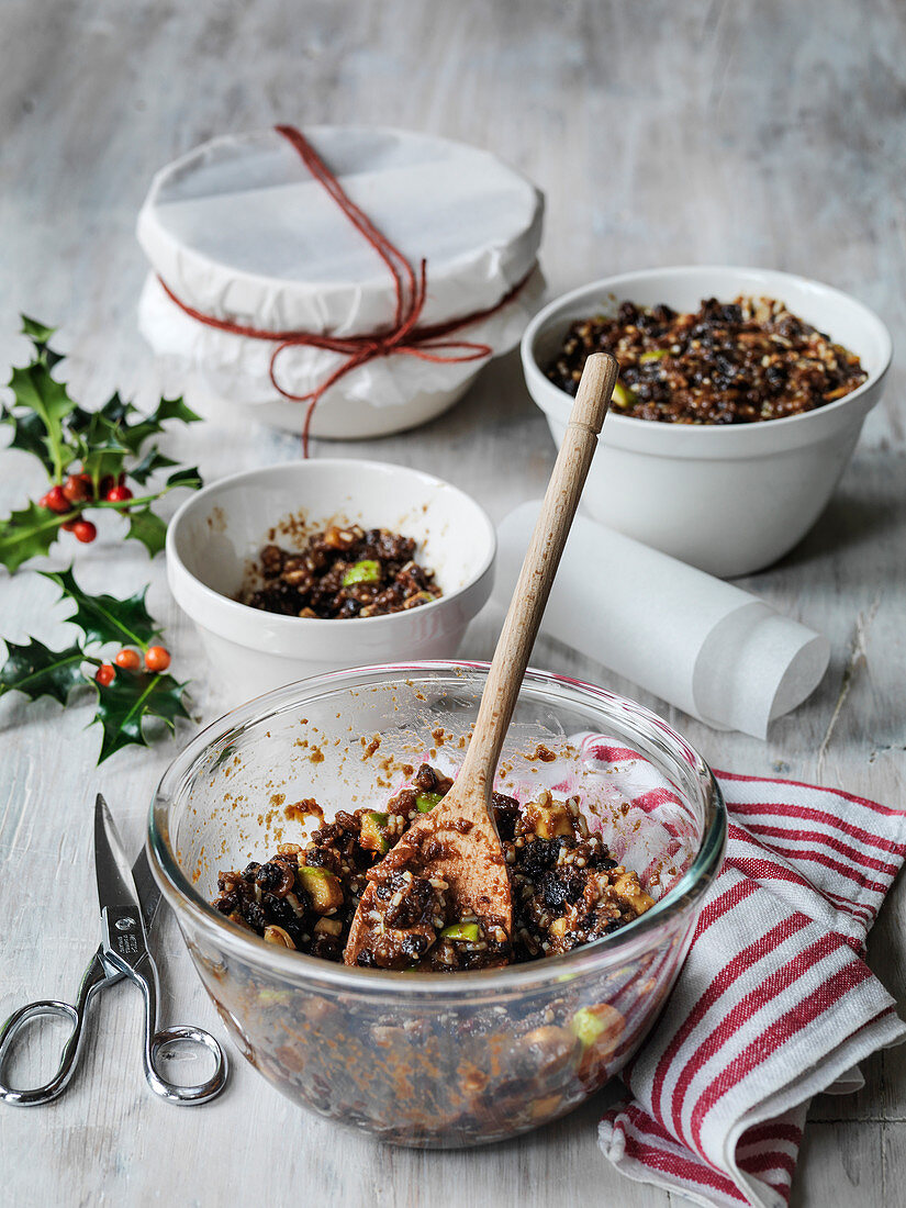 Making a Classic British Christmas pudding using dry fruit and mince meat