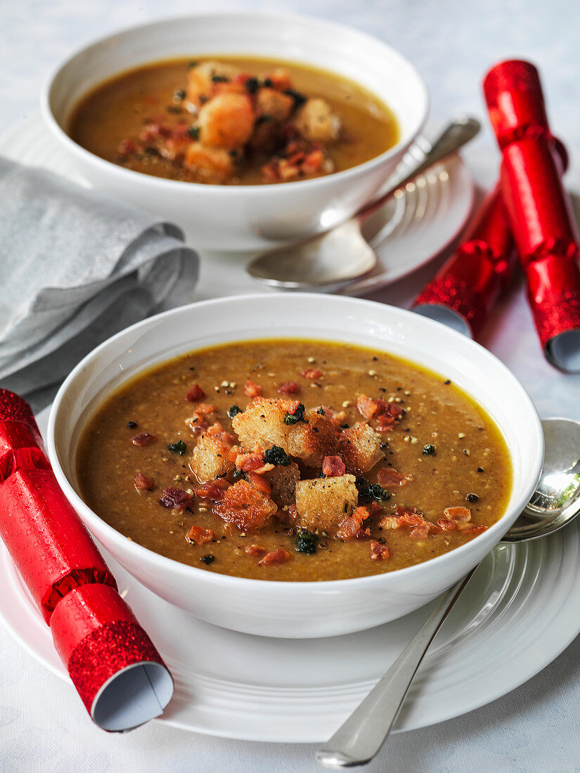 Christmas Chestnut soup with croutons and lardons