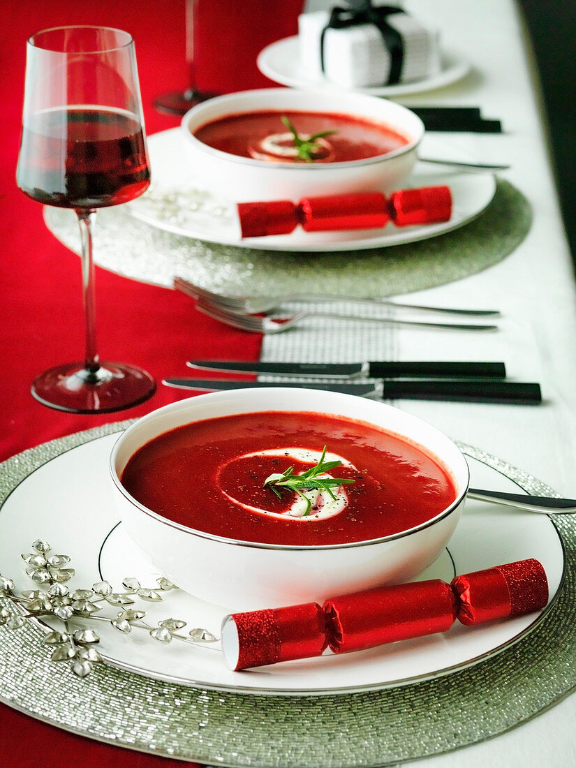 Beetroot Christmas Soup with creme fraiche
