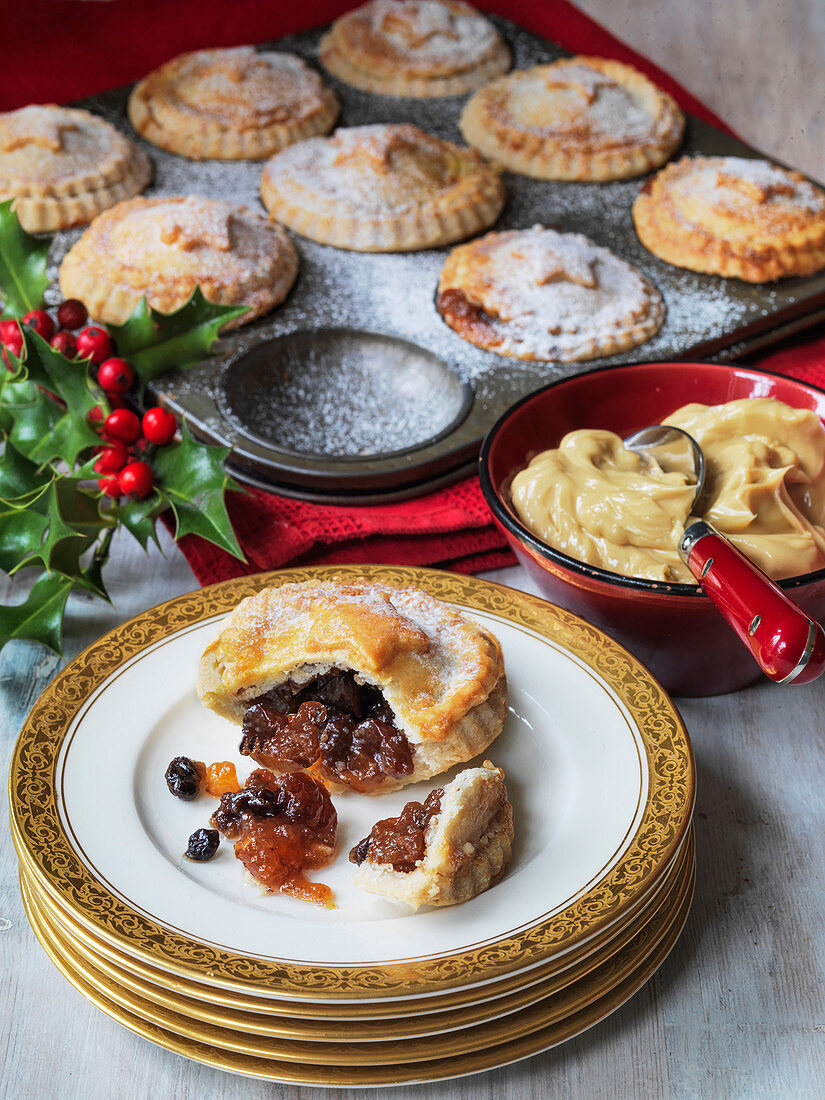 Christmas mince pies being served with brandy butter
