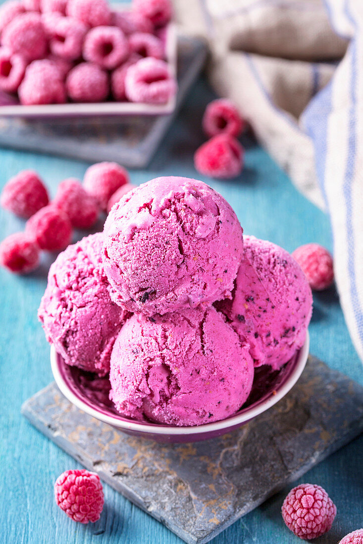 Homemade ice cream with blueberries and raspberries