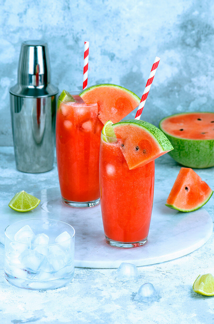 Summer refreshing fresh juice from ripe pulp of watermelon with ice