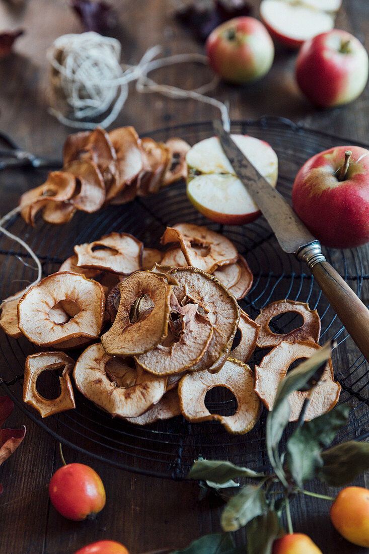 Fresh apples and dried apple rings