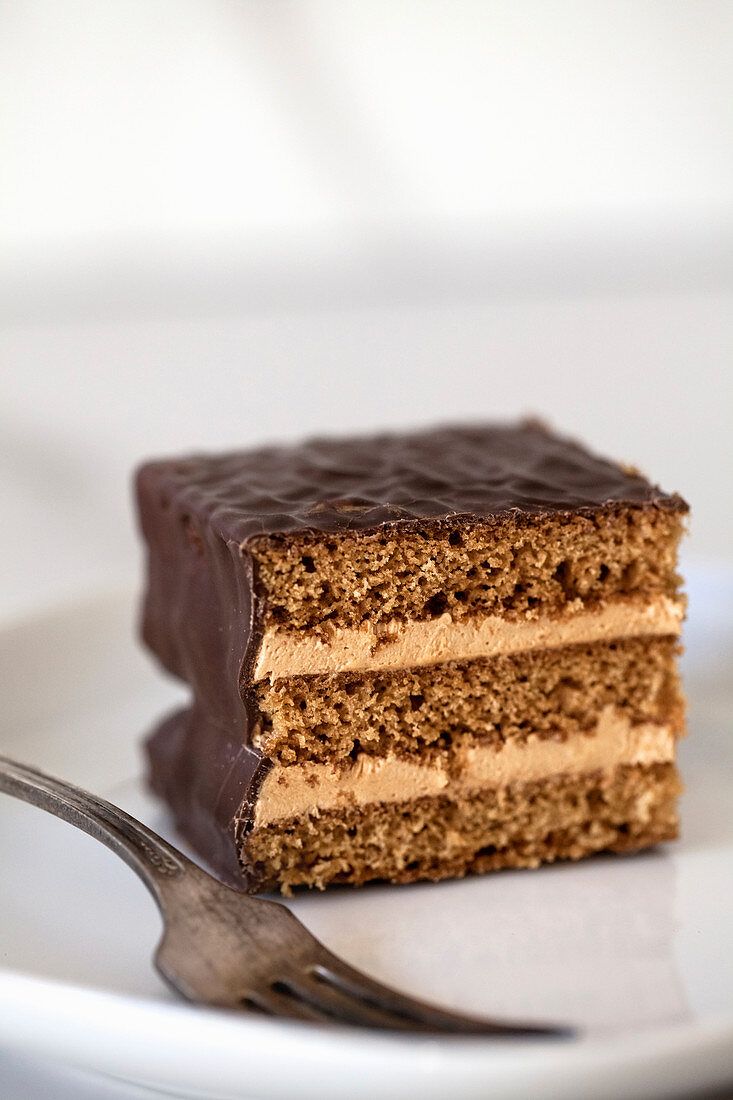 Piece of honey cake with chocolate topping on dessert plate with fork close-up macro