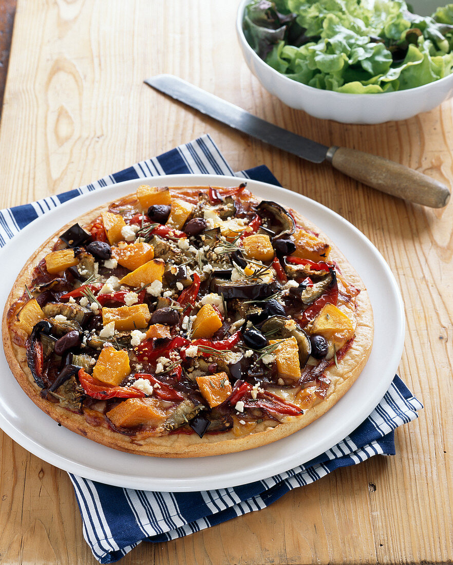 Roasted pumpkin, eggplant and red pepper pizza
