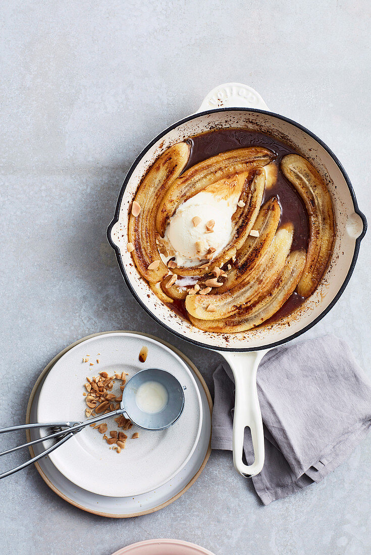 Pan-fried bananas with salted maple caramel and vanilla ice-cream