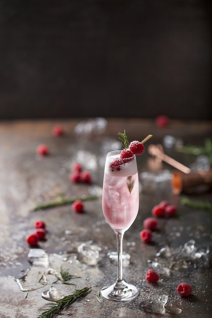 Raspberry cocktail surrounded by garnish ingredients