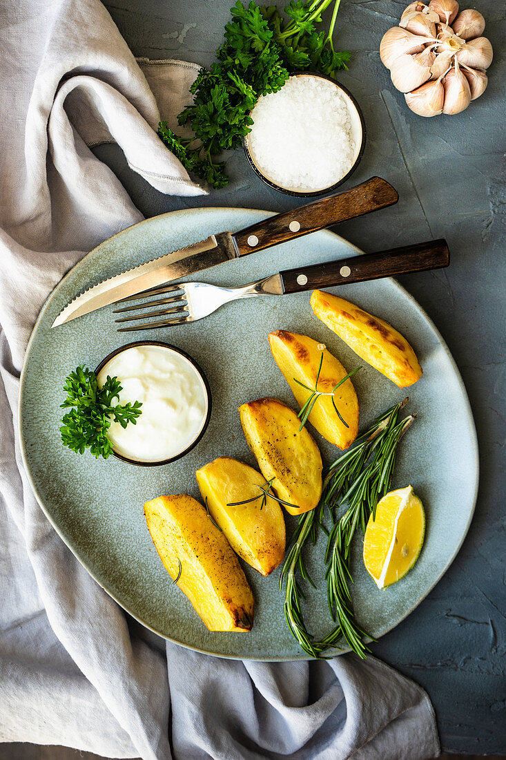 Grilled potato with rosemary and creamsour sauce on stone plate