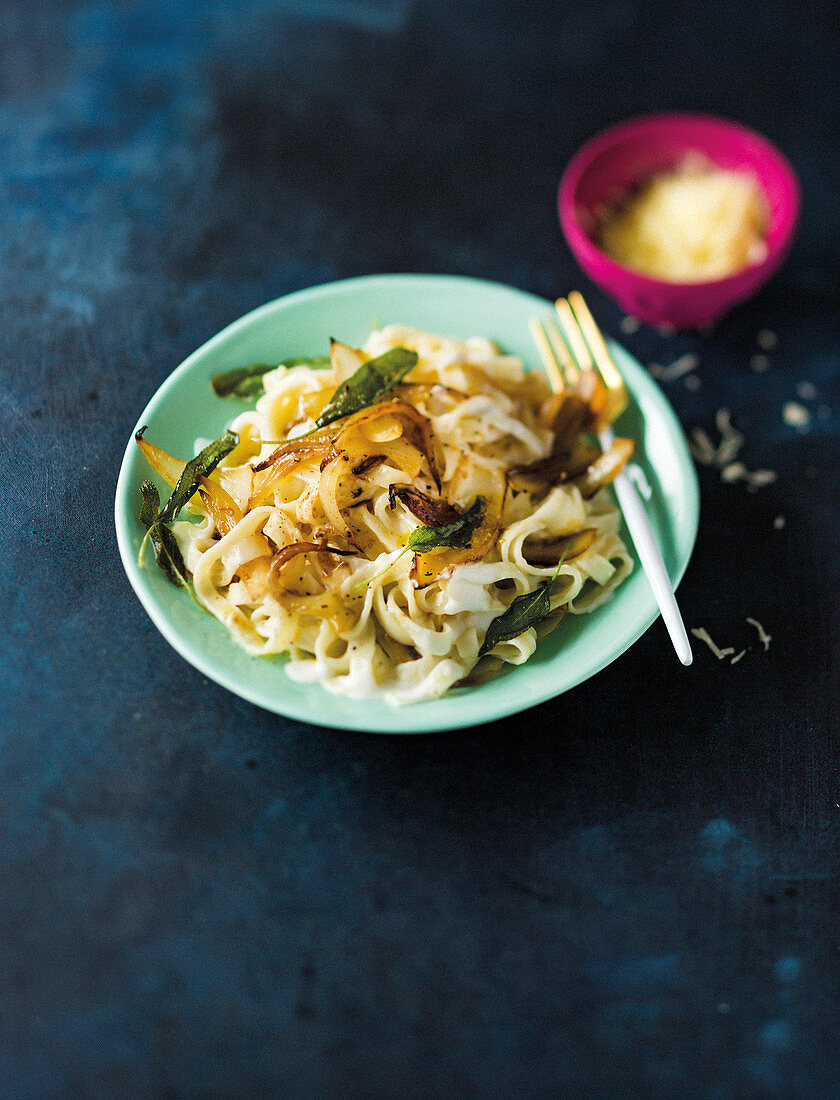 Tagliatelle with caramelised onions, pecorino and sage