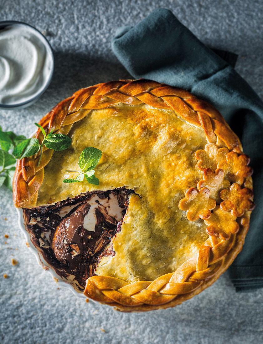 Nutty pear and chocolate pie