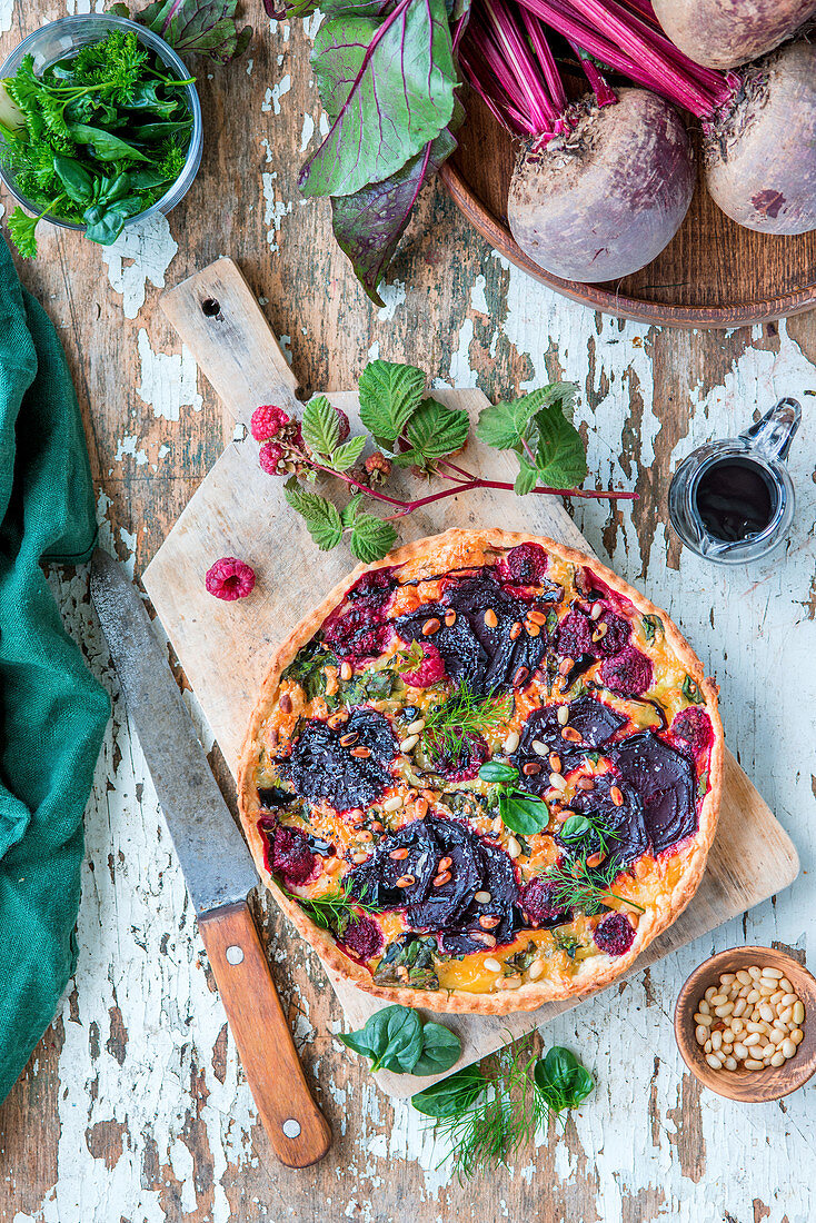 Beetroot pie with raspberries