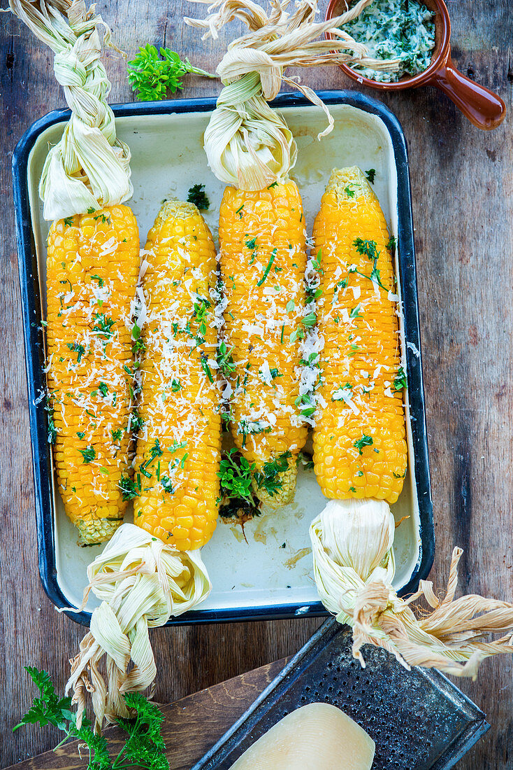 Roasted corn with herb butters