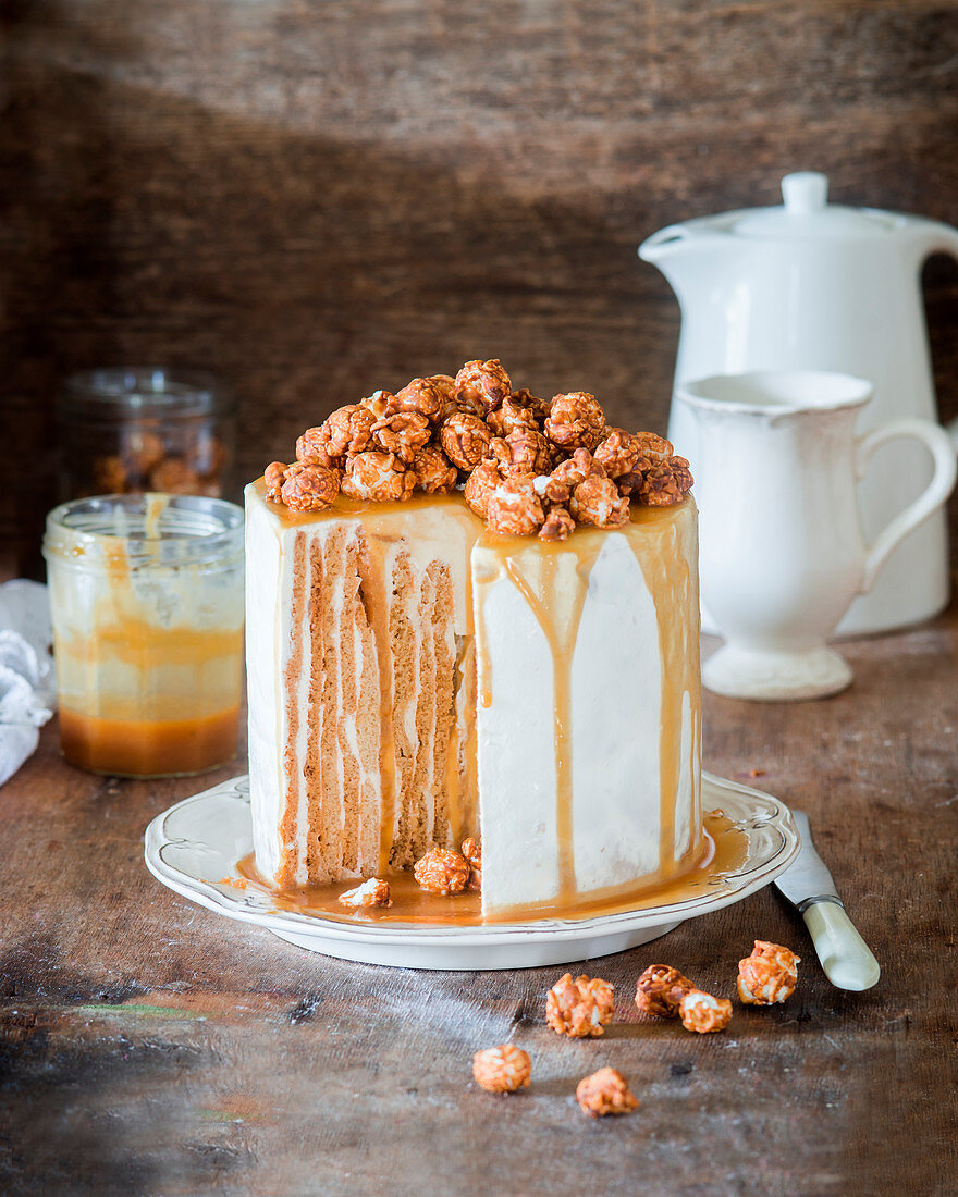 Vertical honey cake with sour cream and caramel