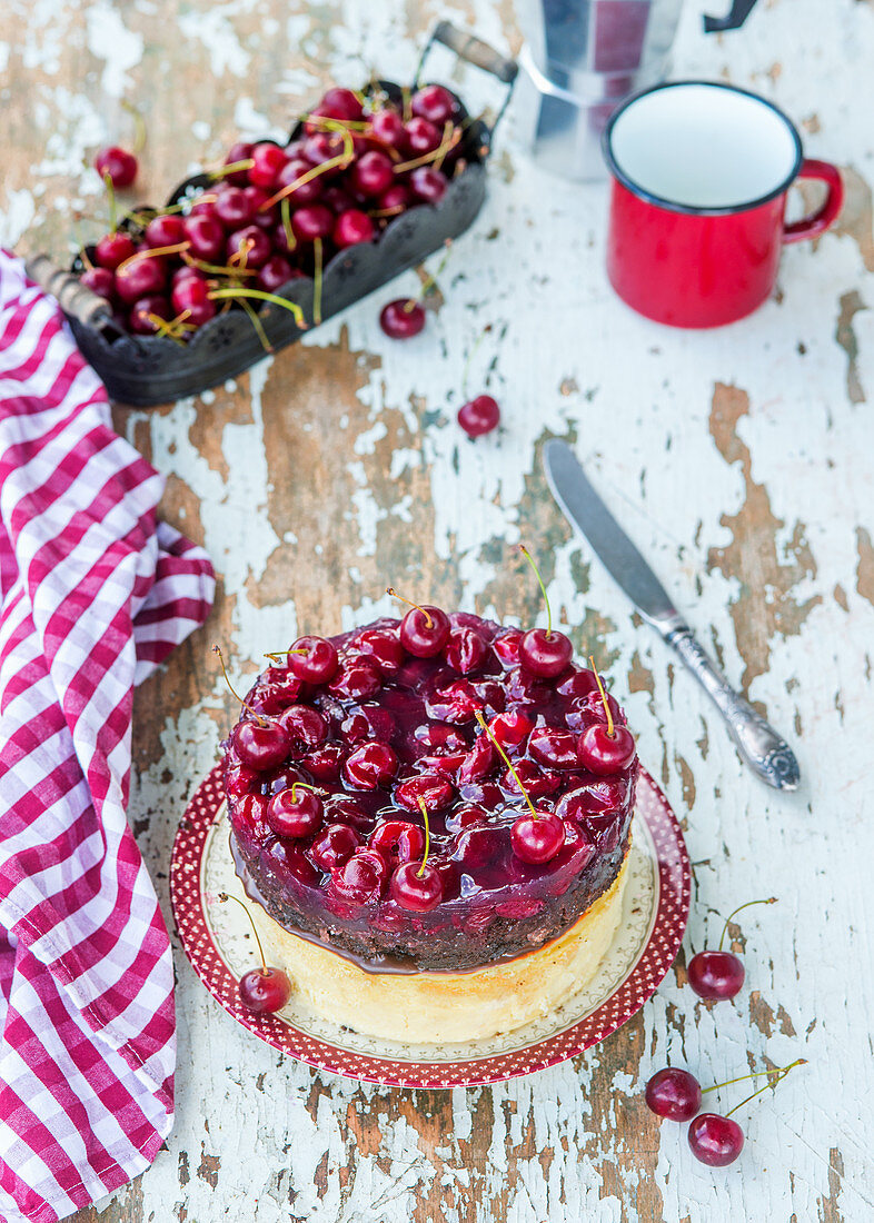 Quark cake with chocolate sponge and cherry jelly