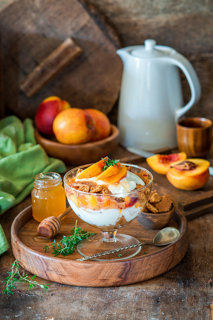 Honey cake, sour cream and nectarine trifle