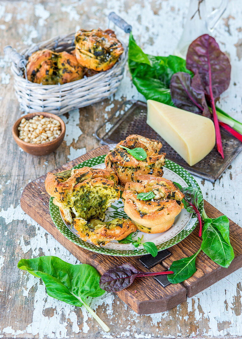 Swiss chard cheese bread baked in muffin tins