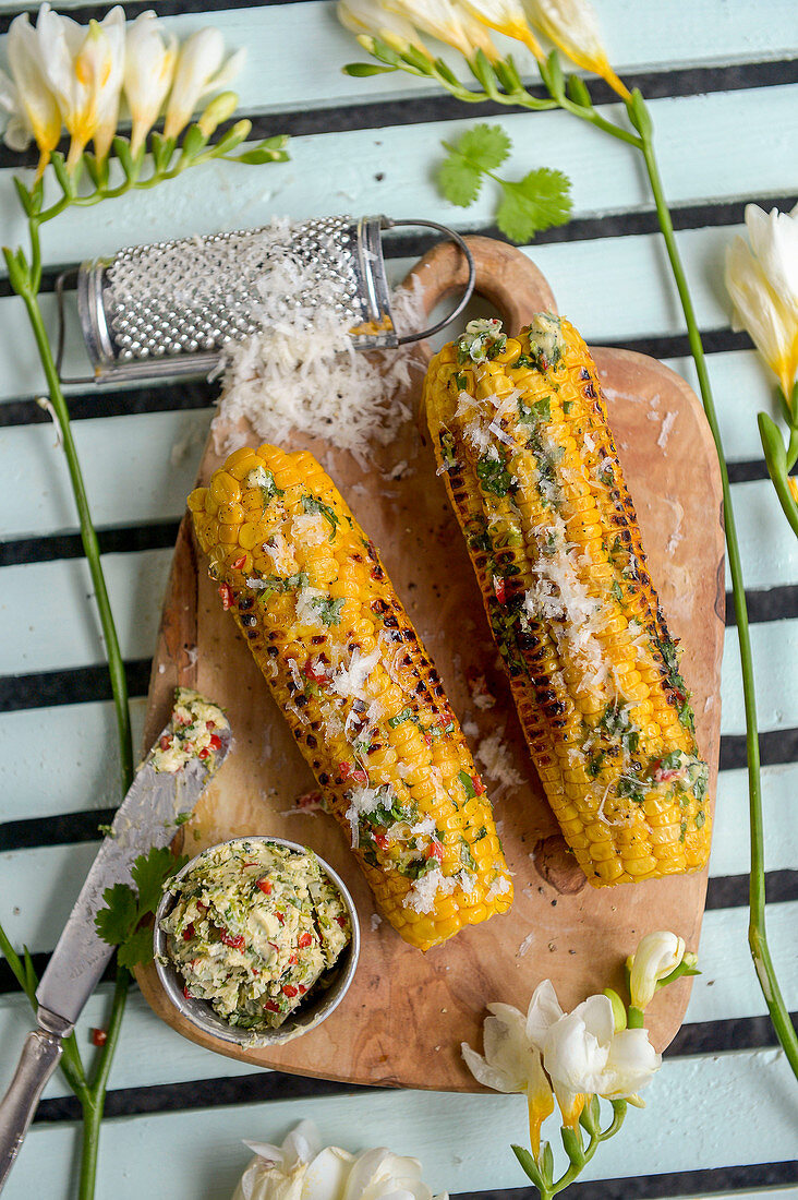 Grilled corn on the cob with coriander butter