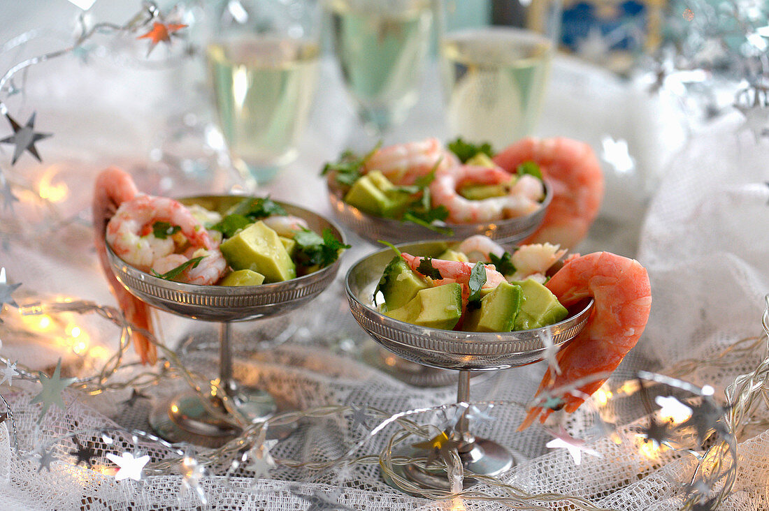 A New Year's Eve buffet with prawns cocktails and champagne