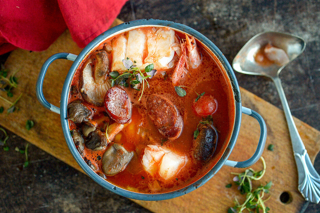 Fish soup with cod and chorizo