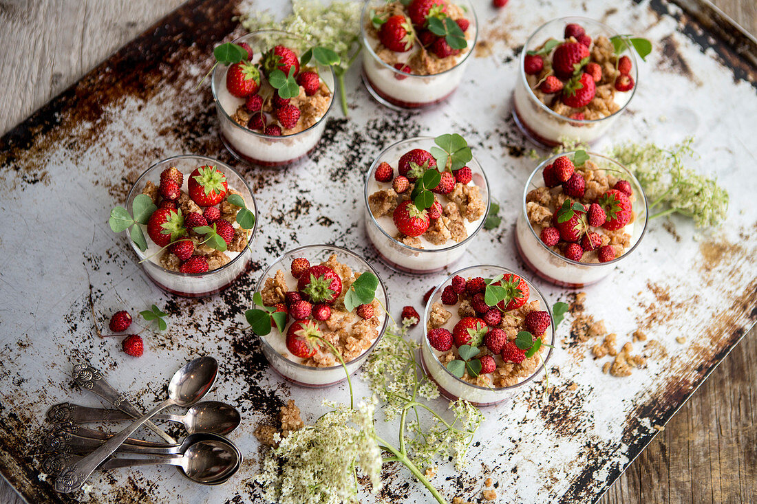 Yoghurt cream with crumble and wild strawberries