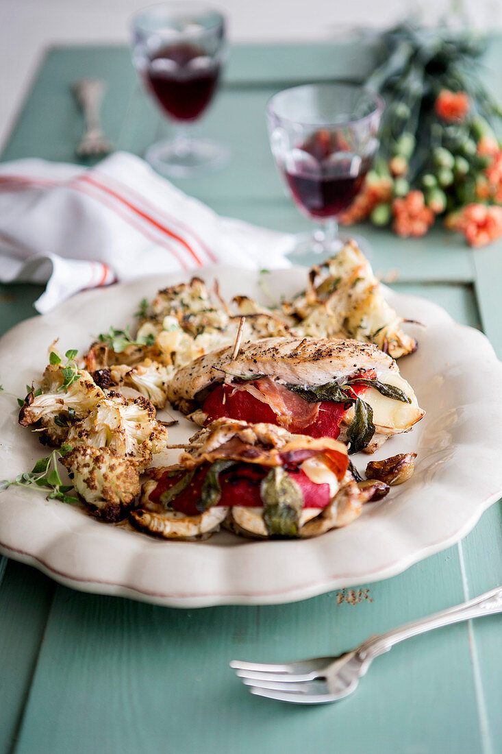 Chicken breast with goat cheese filling and Parmesan cauliflower