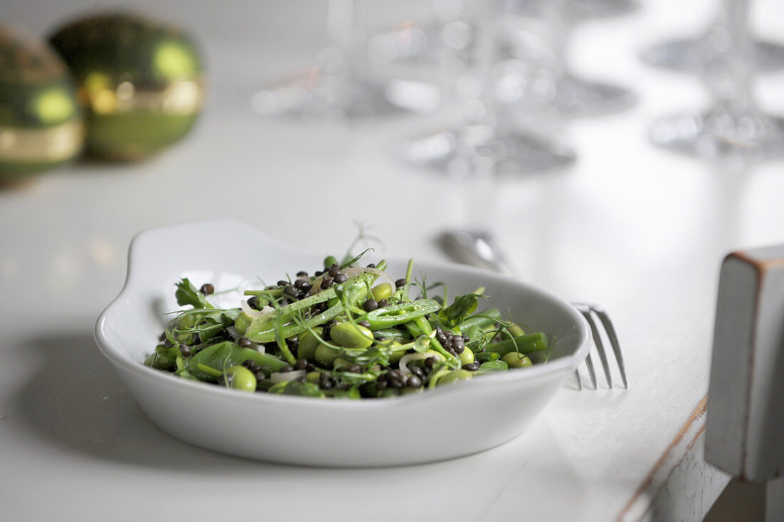 A green bean medley with lentils as a side dish for Christmas dinner