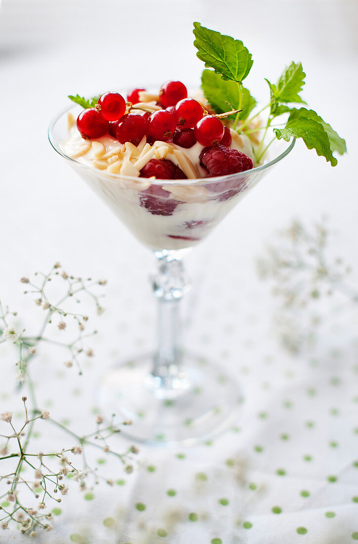 Dessert mit roten Beeren im Stielglas