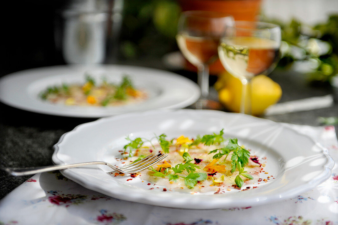 Bass carpaccio with marjoram (made by Stefano Catenacci, Sweden)