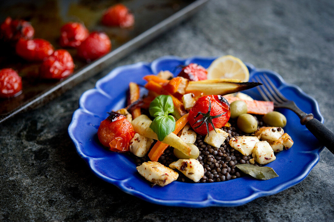 Lentil salad with halloumi and roasted root vegetables