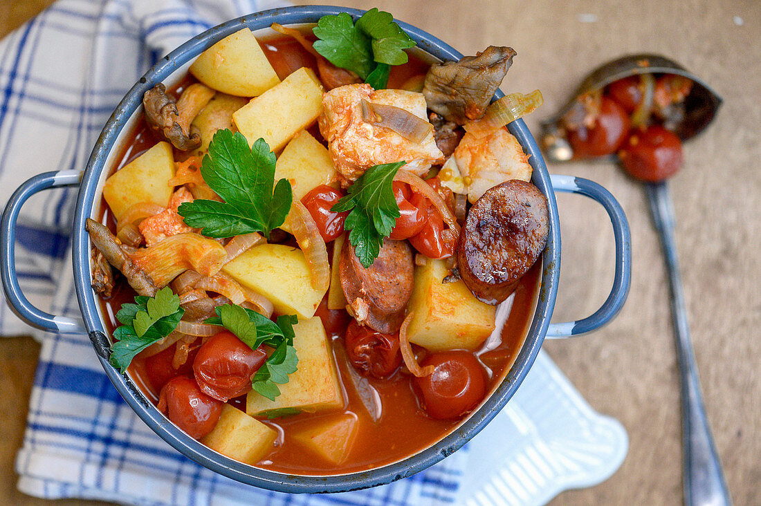 Fish stew with chorizo and mushrooms