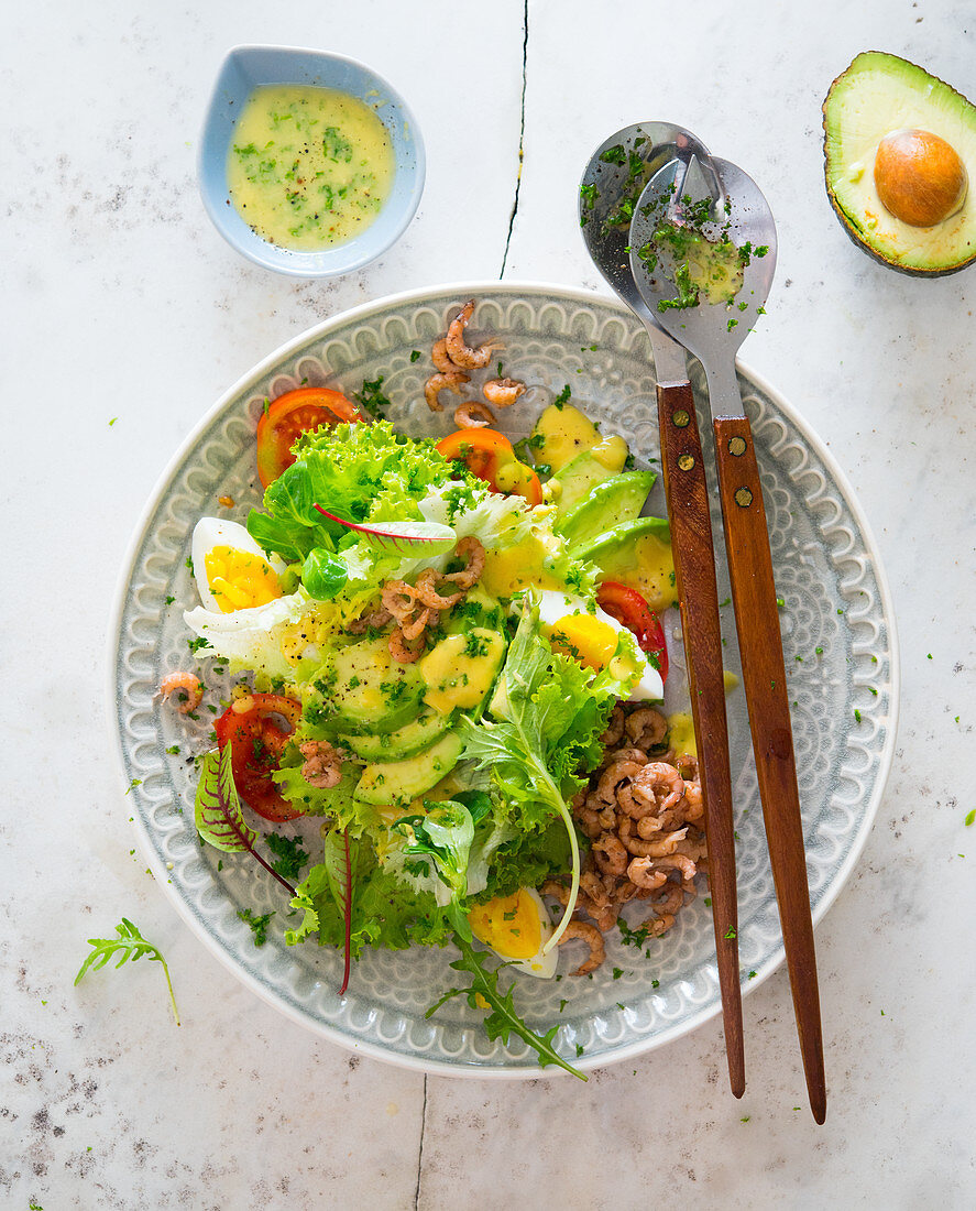 Garden salad with avocado, egg and shrimps