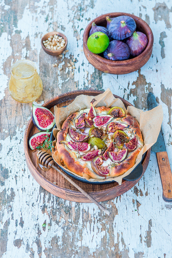 Fig foccacia with honey and pine nuts