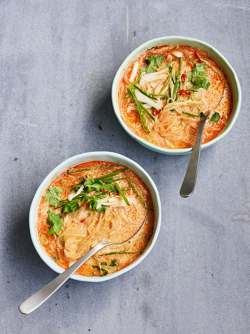 Coconut and curry glass noodle soup with fresh coriander