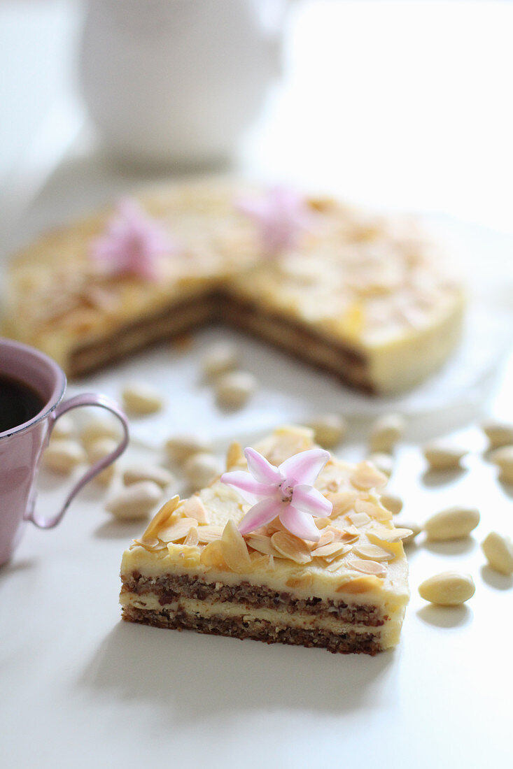 Swedish almond cake, decorated with flowers