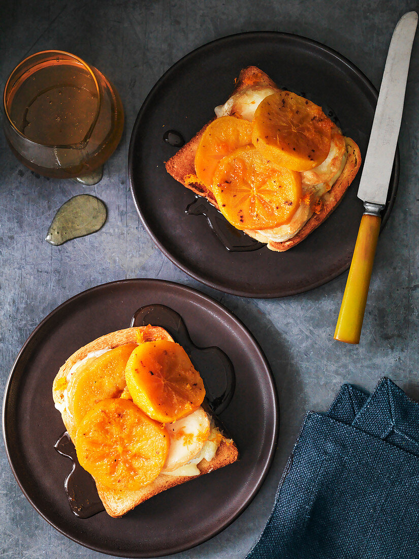 Persimmon and Goat's Cheese on toast with honey