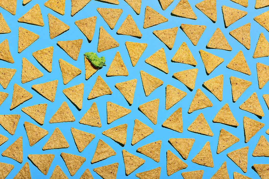 Tortilla chips on a blue background, one topped with guacamole (edge to edge)