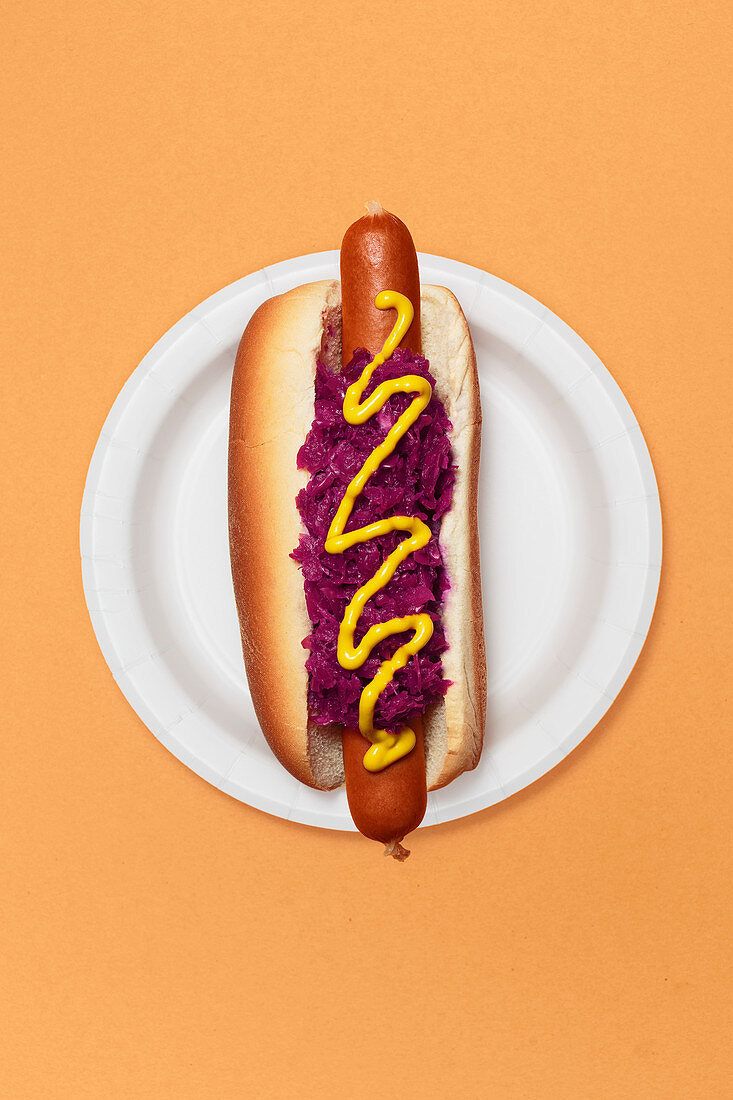 Ein Hot Dog mit rotem Sauerkraut und Senf auf Teller vor orangefarbenem Hintergrund