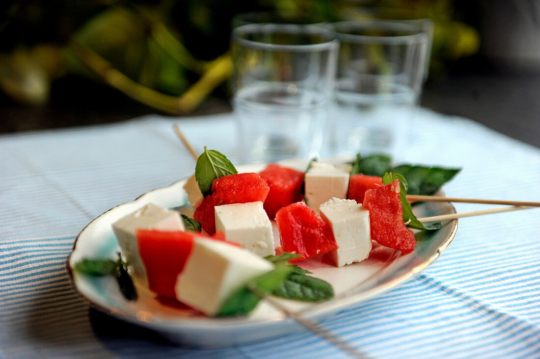 Melon skewers with mint and diced feta